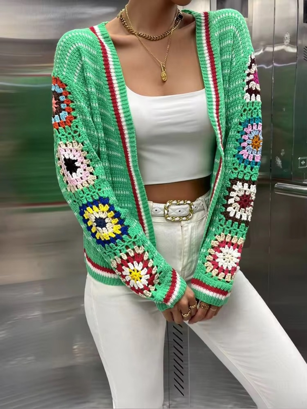 NWOT SHEIN Granny Square Sleeve Crochet Cardigan - Picture 3 of 8